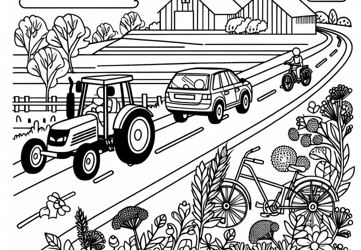 Landstraße mit Traktor, Auto und Fahrrad – Ausmalbild zum Download Landstraße mit Traktor, Auto und Fahrrad – Ausmalbild zum Download
