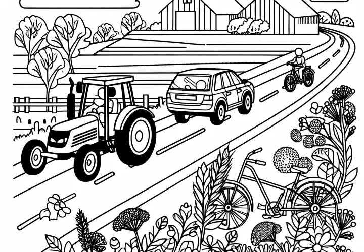 Country road with tractor, car, and bicycle – Coloring page for download