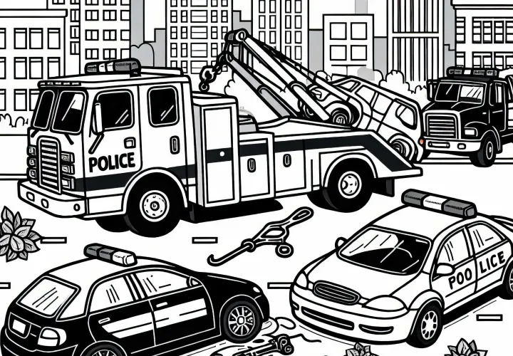 Accident with cars, police, and tow truck - Free coloring page