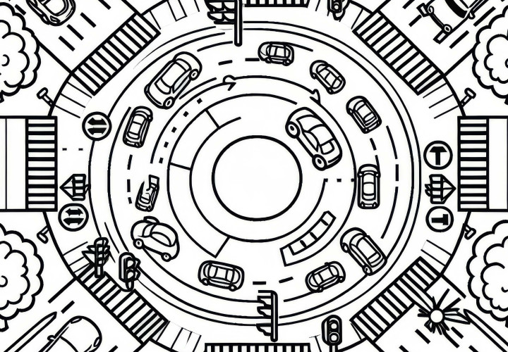 Kreisverkehr mit mehreren Fahrzeugen und Zebrastreifen – Ausmalbild kostenlos Kreisverkehr mit mehreren Fahrzeugen und Zebrastreifen – Ausmalbild kostenlos