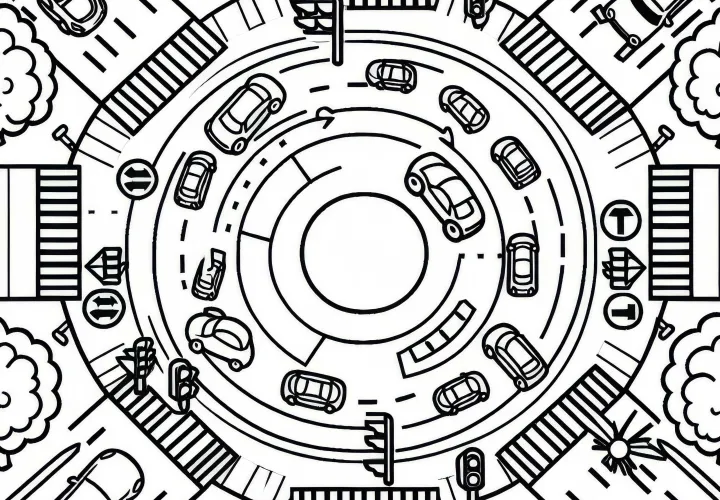 Roundabout with several vehicles and a crosswalk - coloring page free of charge
