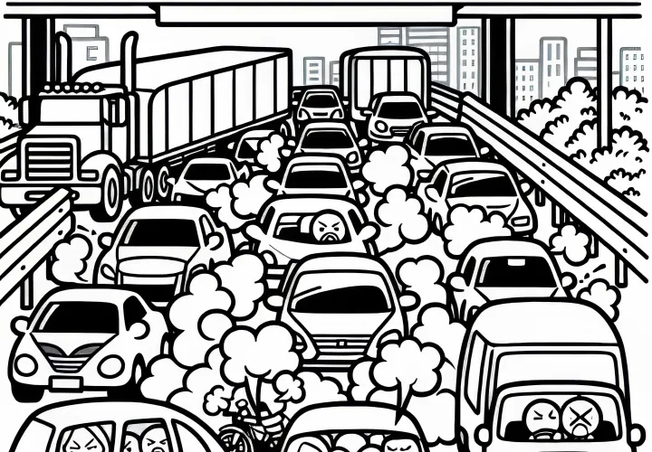 Traffic jam on the highway with annoyed drivers - free coloring page