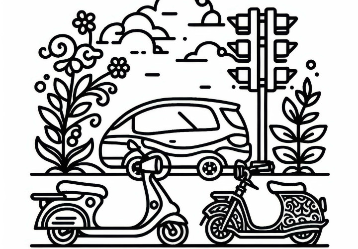 Roller, E-Bike, Auto an Ampel - Ausmalbild kostenlos Roller, E-Bike, Auto an Ampel - Ausmalbild kostenlos