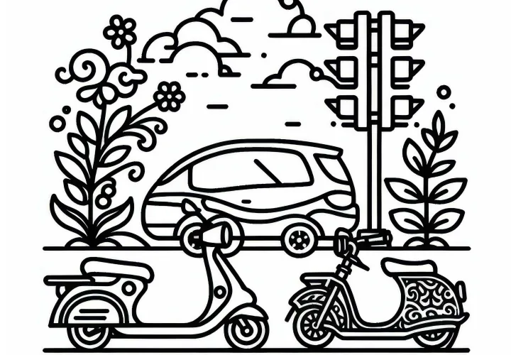 Roller, E-bike, car at traffic light - coloring page free