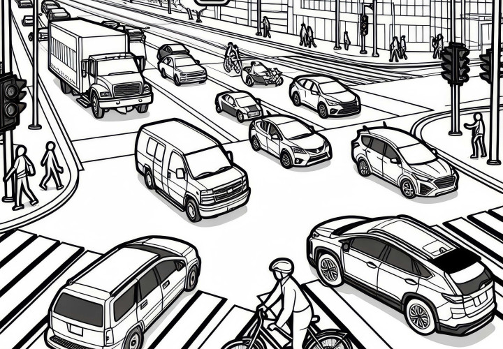 Autoverkehr an Ampelkreuzung als Ausmalbild kostenlos Autoverkehr an Ampelkreuzung als Ausmalbild kostenlos
