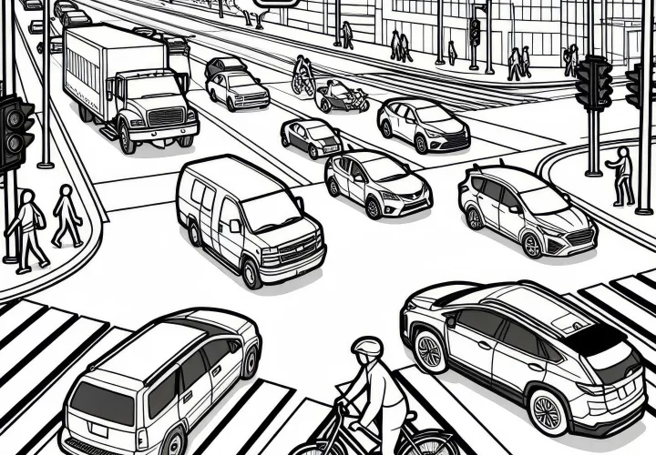 Traffic at traffic light intersections as a coloring page for free