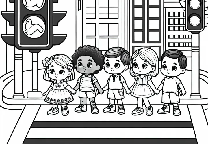 Pedestrian crossing with waiting children - Free coloring page