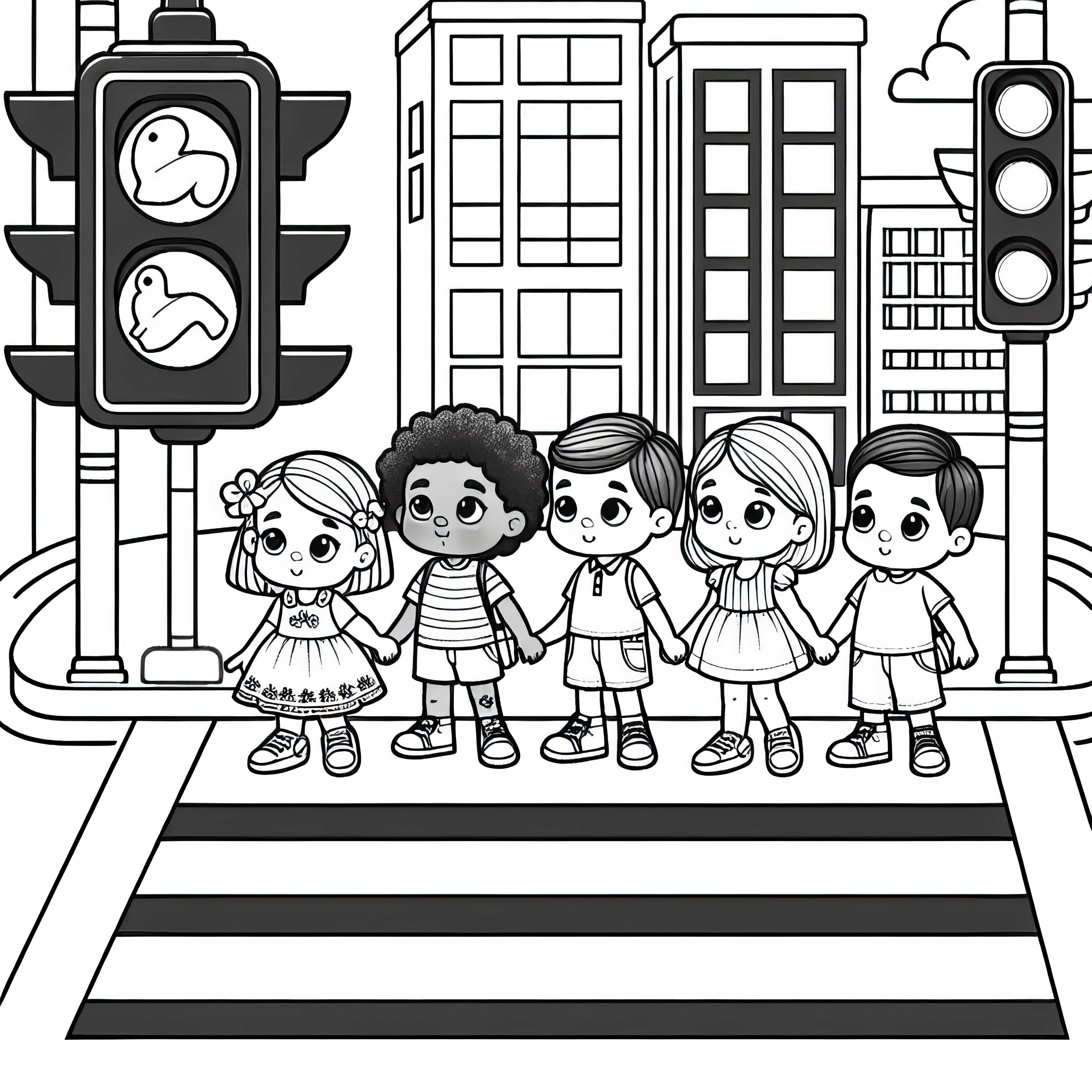 Fußgängerüberweg mit wartenden Kindern – Ausmalbild kostenlos