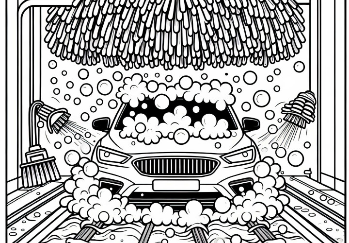 Bilen kører gennem vaskehal med skum, børster og vandstråler – Malebillede gratis