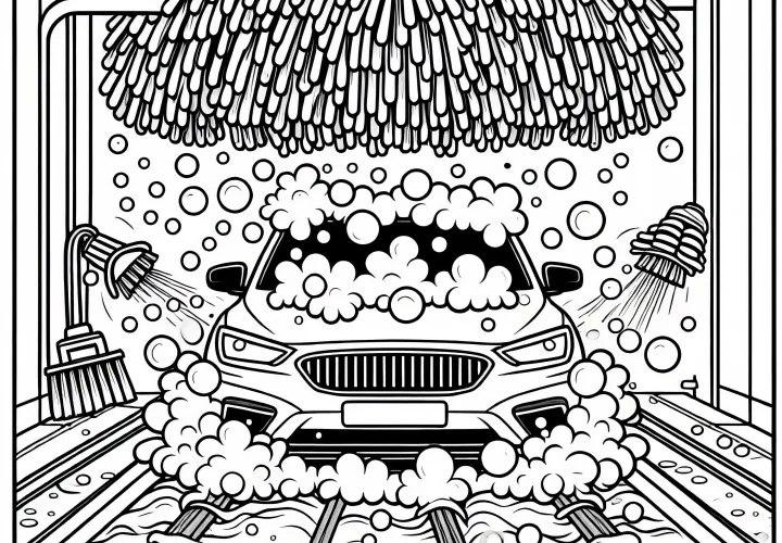 Bilen kører gennem vaskehal med skum, børster og vandstråler – Malebillede gratis