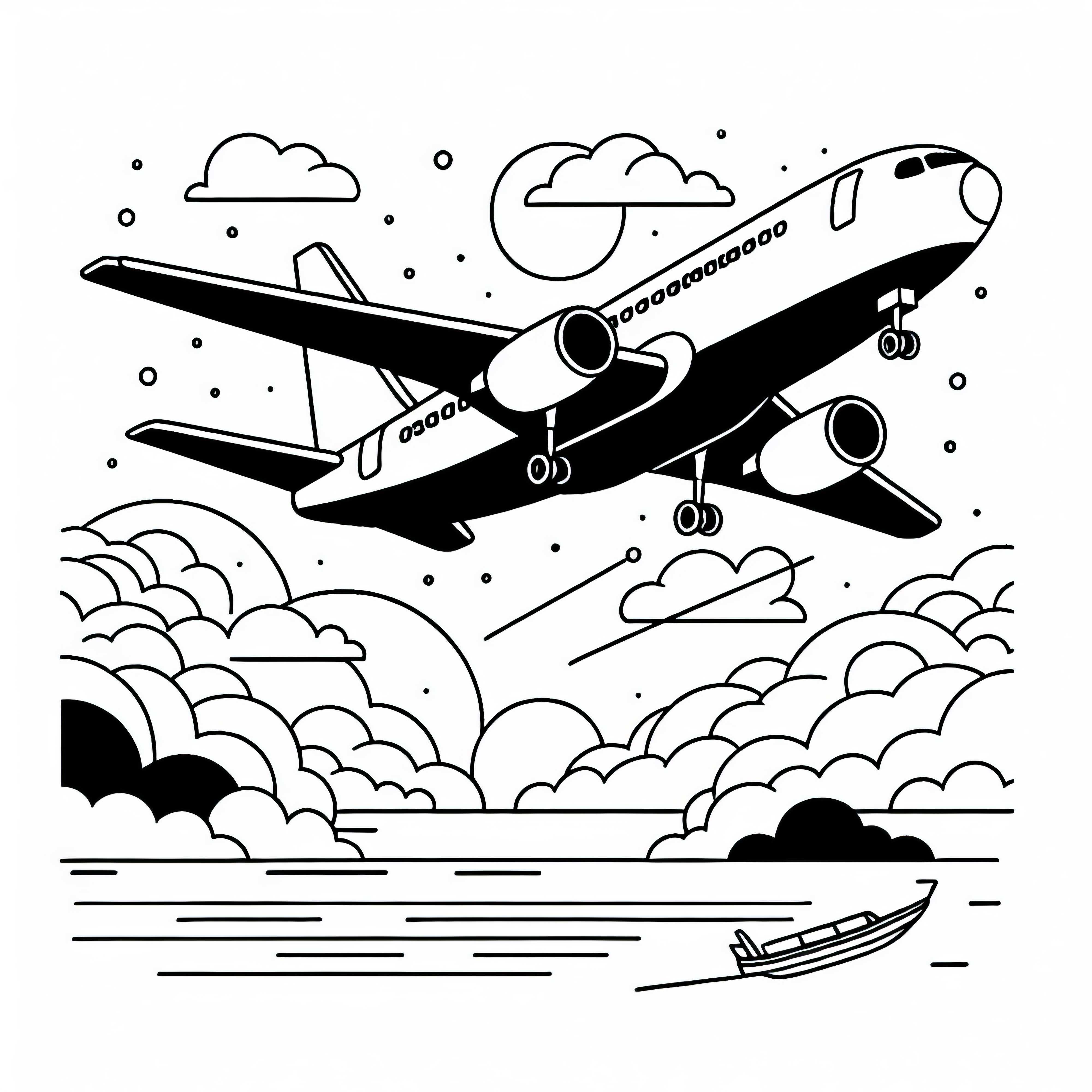 Flugzeug im Flug als Malvorlage kostenlos herunterladen
