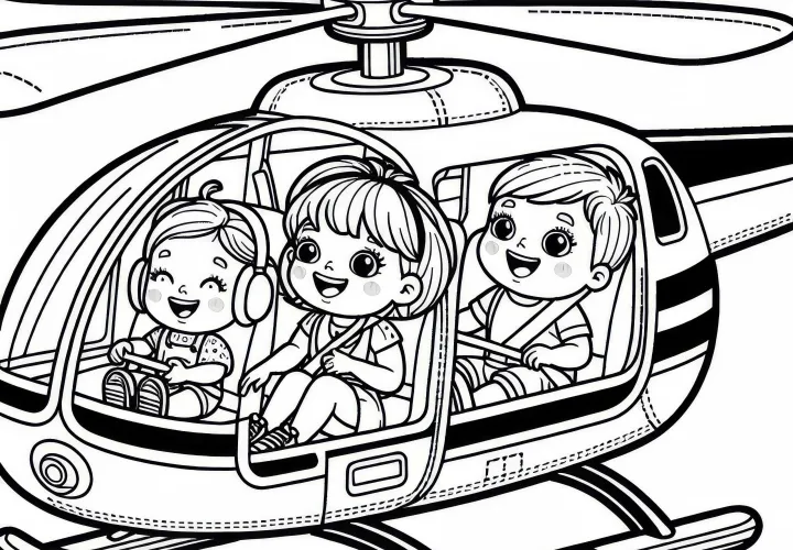 Helicopter with children - free coloring page