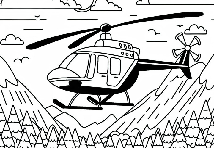 Hubschrauber im Flug über schöner Landschaft – Ausmalbild kostenlos Hubschrauber im Flug über schöner Landschaft – Ausmalbild kostenlos