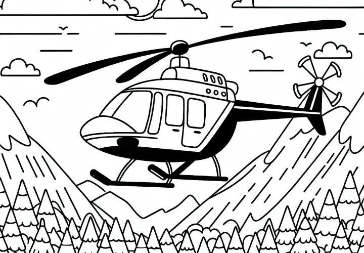 Helicopter flying over beautiful landscape - Free coloring page