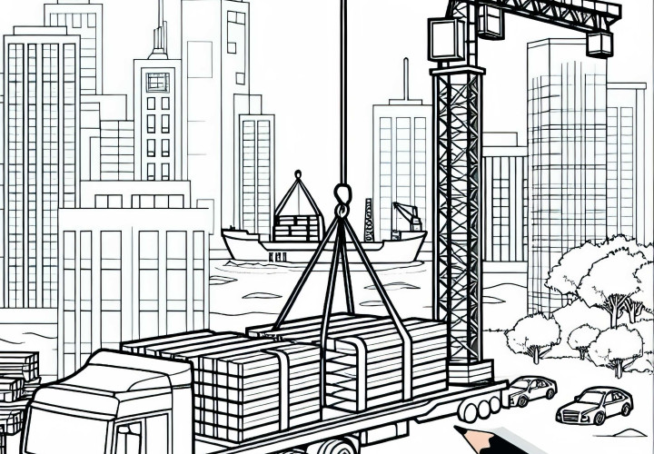Kran hebt schwere Lasten auf Baustelle – Ausmalbild kostenlos Kran hebt schwere Lasten auf Baustelle – Ausmalbild kostenlos