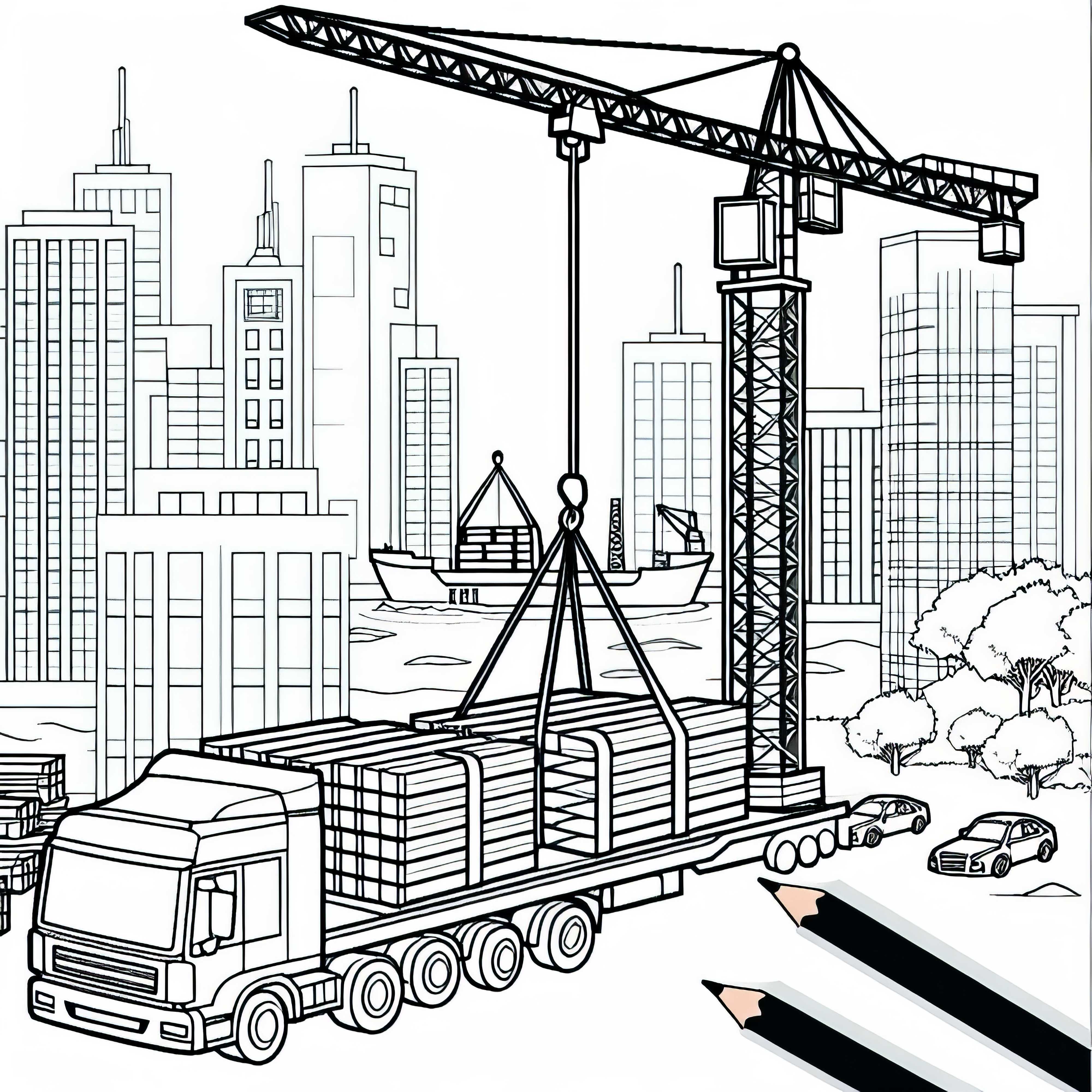 Kran hebt schwere Lasten auf Baustelle – Ausmalbild kostenlos