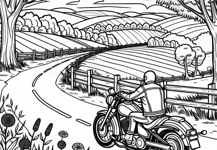 Motorrad fährt auf Landstraße - Ausmalbild gratis Motorrad fährt auf Landstraße - Ausmalbild gratis