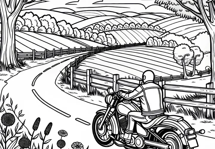 Motorcycle on country road - Free coloring page