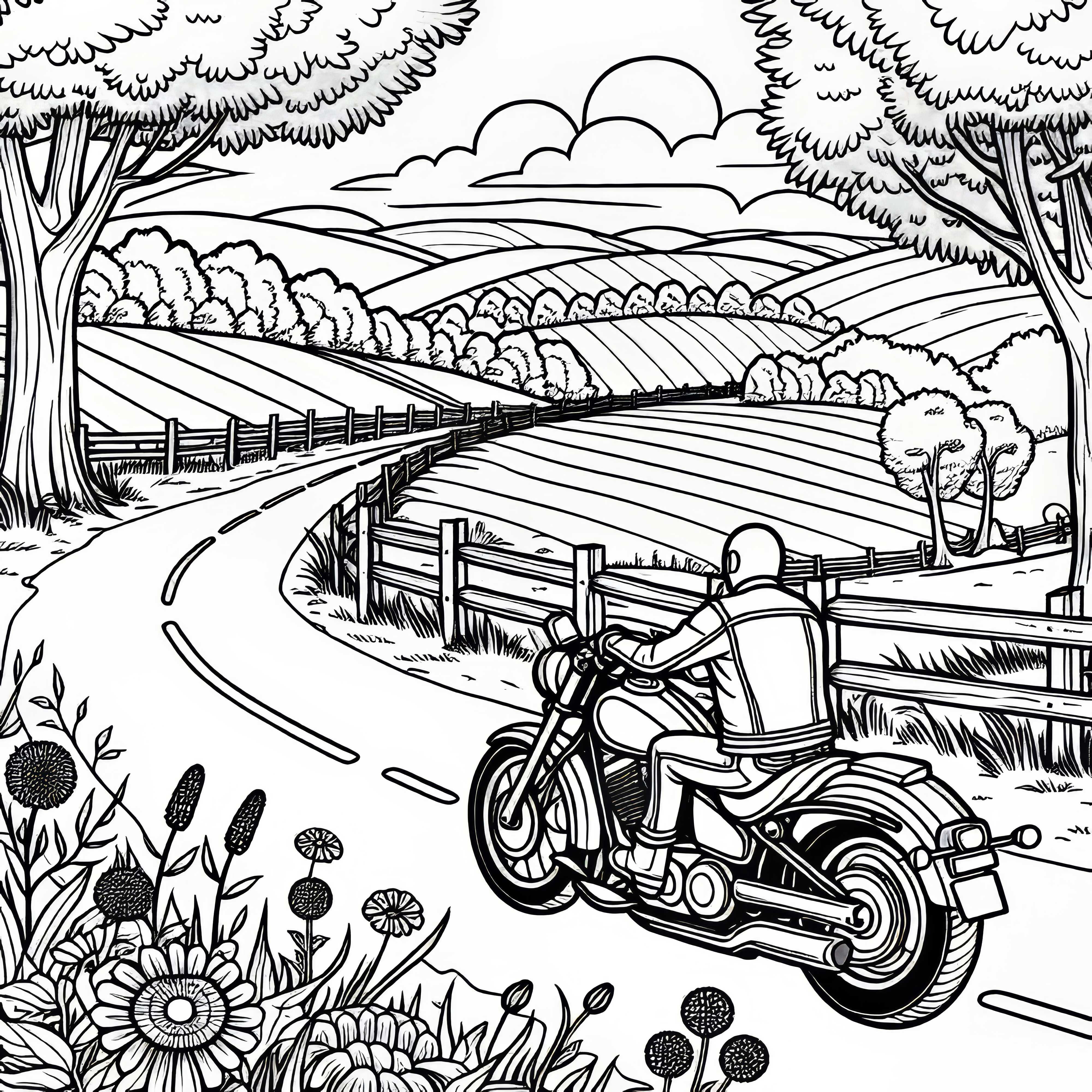 Motorrad fährt auf Landstraße - Ausmalbild gratis