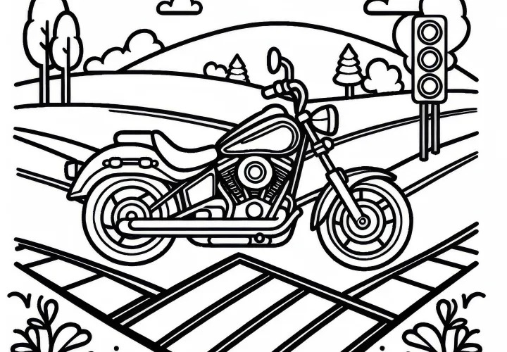 Motorcycle at intersection coloring page to color