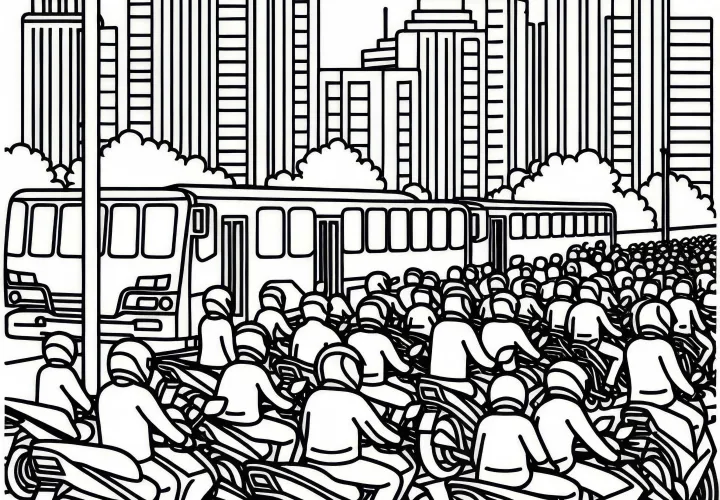 Many motorcycles at a traffic light as a coloring template