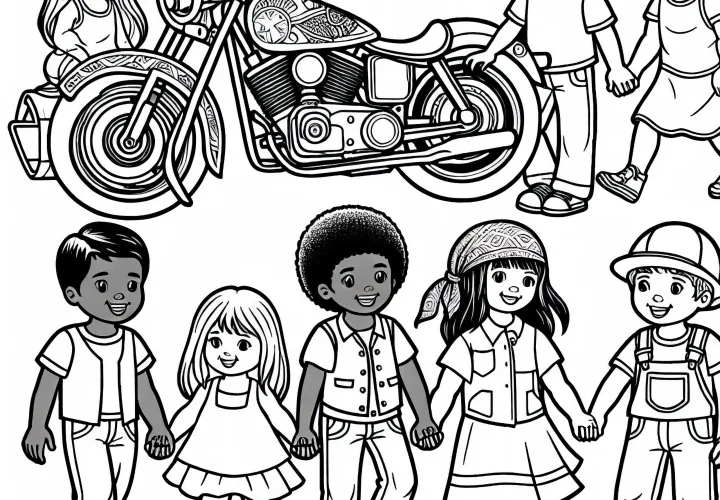 Motorcycle and Children Coloring Page Free: Get your coloring picture