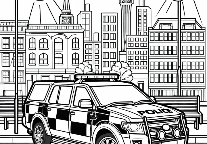 Police car in the city as a free coloring page