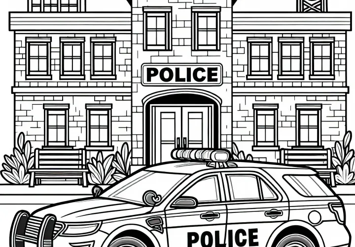 Police car in front of police station coloring page free