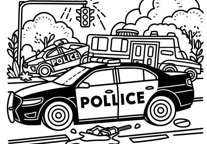 Polizeiauto bei Unfall - Ausmalbild kostenlos herunterladen Polizeiauto bei Unfall - Ausmalbild kostenlos herunterladen
