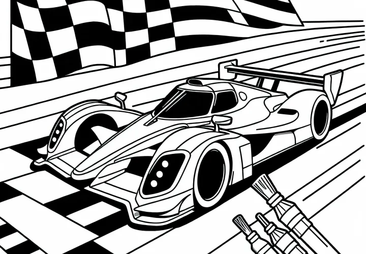 Race car crosses the finish line - free coloring page