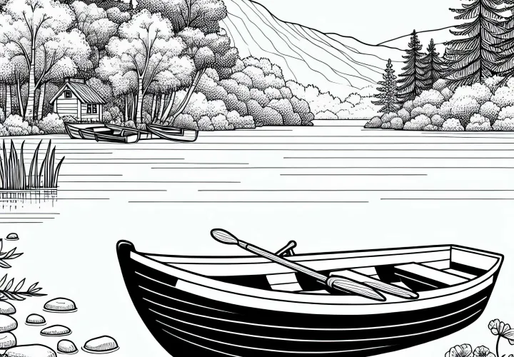 Rowboat at the lakeshore as a coloring page