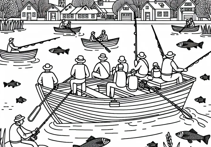 Rowboat with people fishing – Free coloring page