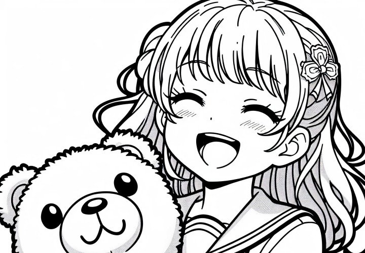 Gadis anime yang ceria dalam seragam sekolah memegang boneka teddy lucu untuk diwarnai sambil tertawa