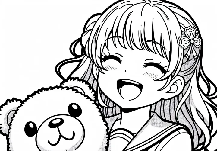 Gadis anime yang ceria dalam seragam sekolah memegang boneka teddy lucu untuk diwarnai sambil tertawa