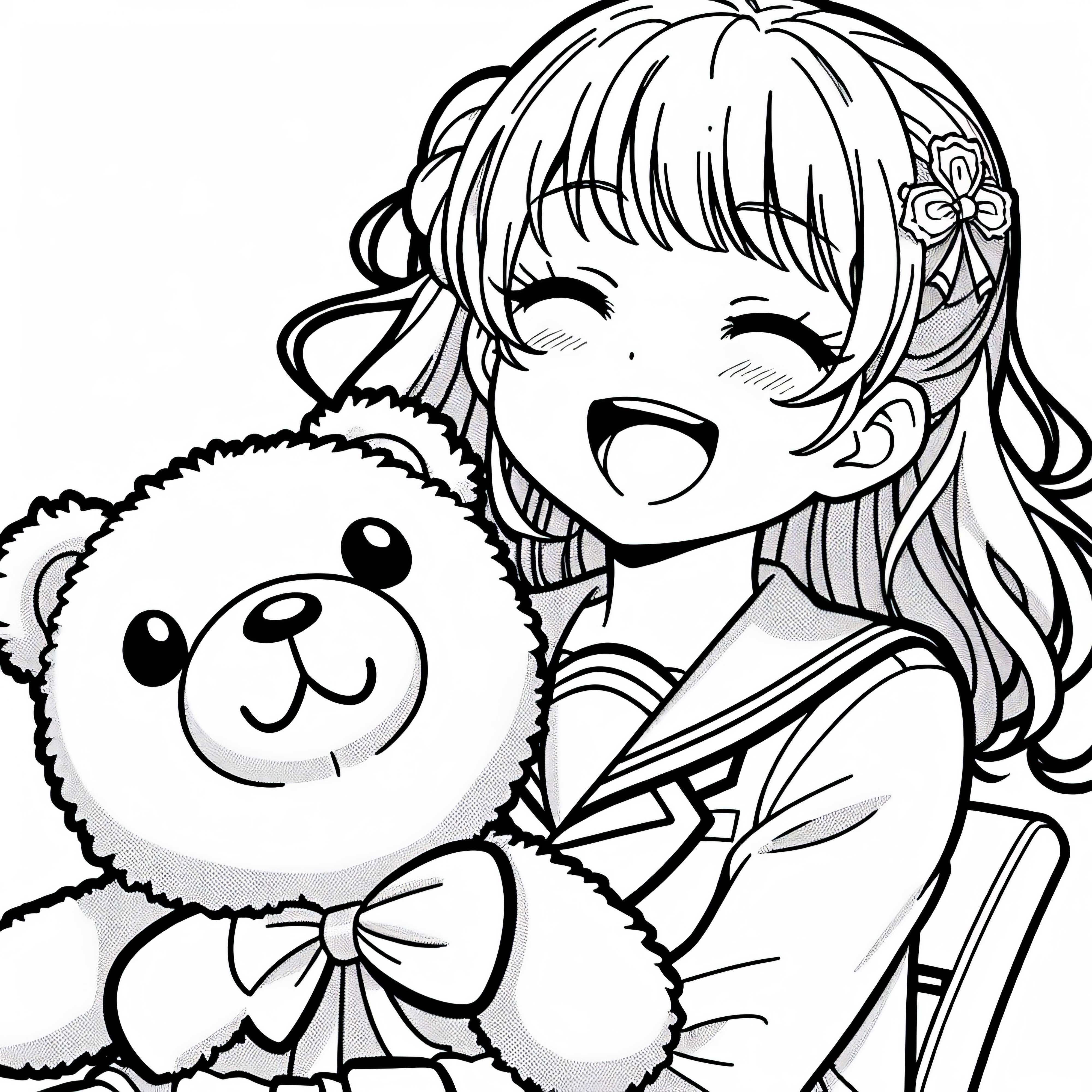 Gadis Anime yang ceria dalam seragam sekolah memegang boneka beruang teddy lucu sambil tertawa untuk diwarnai