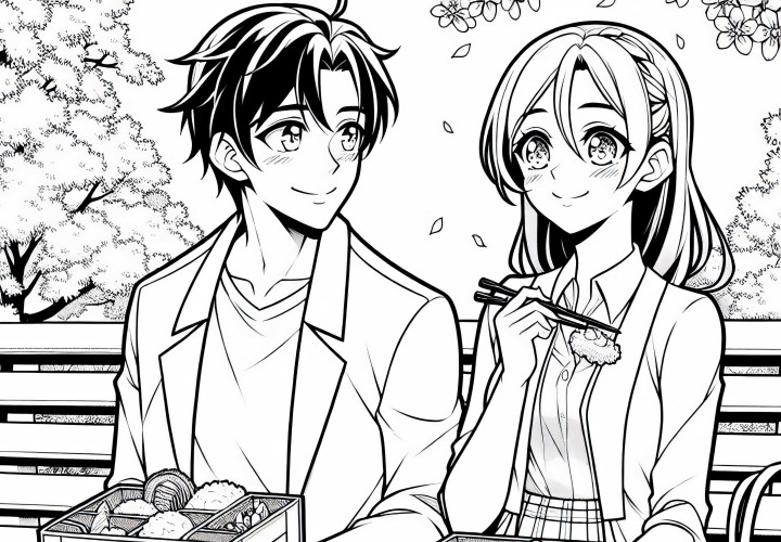 Dua teman duduk di bangku taman dan menikmati kotak bento di bawah pohon bunga sakura - gambar untuk diwarnai untuk anime gratis