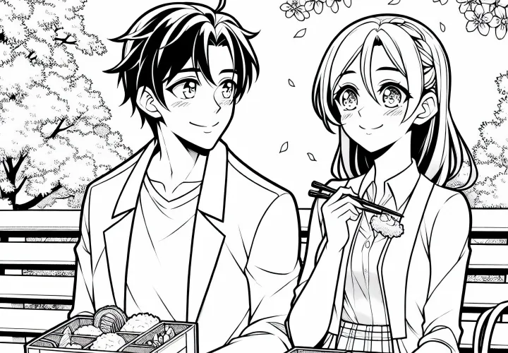 Dua teman duduk di bangku taman dan menikmati kotak bento di bawah pohon bunga sakura - gambar untuk diwarnai untuk anime gratis