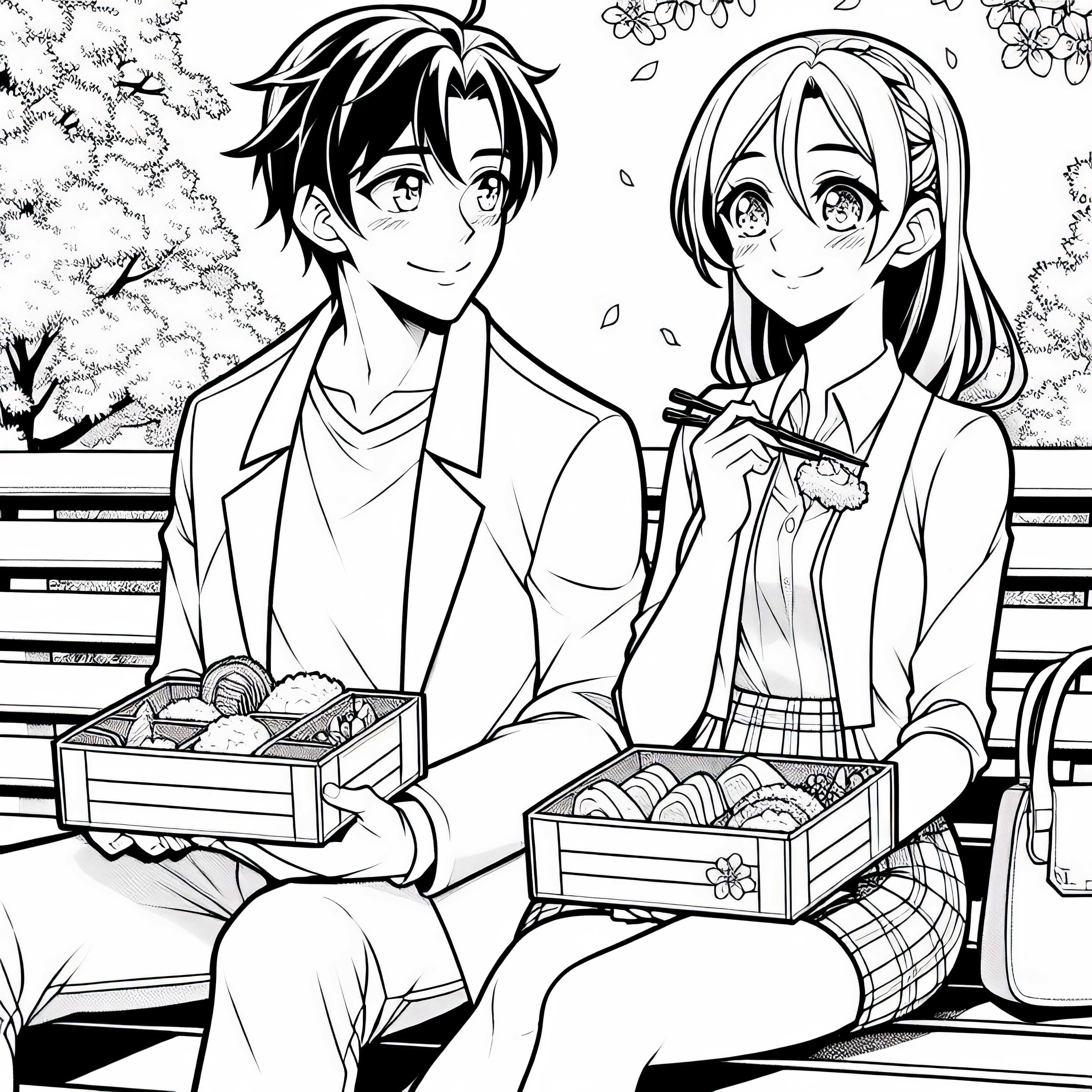 Dua teman sedang duduk di bangku taman dan menikmati kotak bento di bawah pohon sakura - gambar untuk mewarnai anime gratis