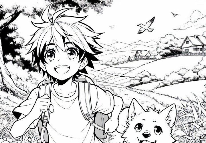 Anime Anak Laki-laki dan Anjing Berlari Melalui Lanskap Musim Panas yang Idyllic - Template Mewarnai Gratis