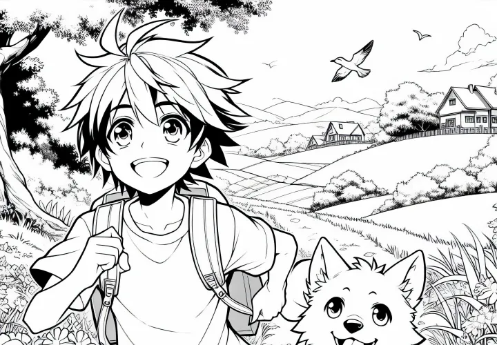 Anime Anak Laki-laki dan Anjing Berlari Melalui Lanskap Musim Panas yang Idyllic - Template Mewarnai Gratis