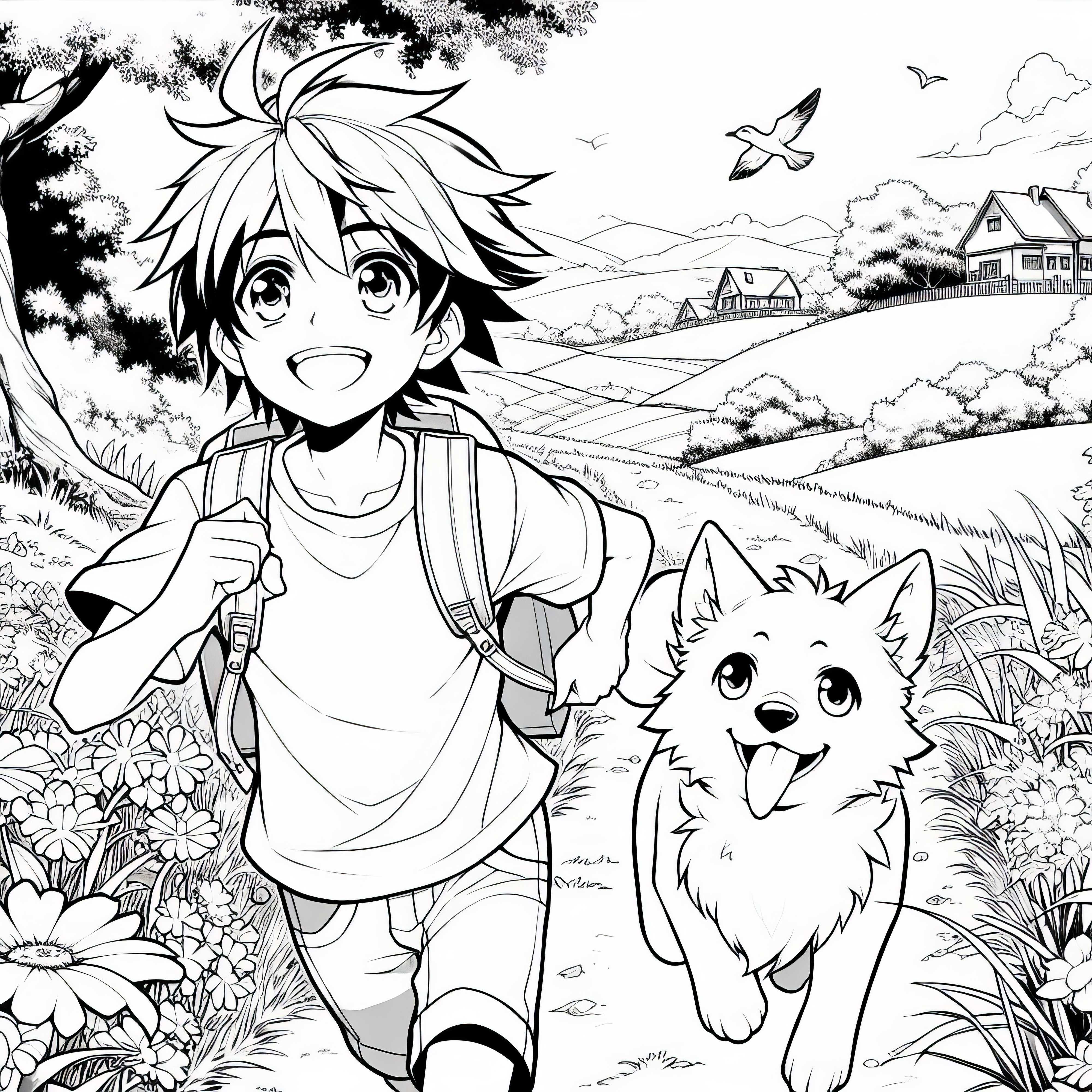 Anime Anak Laki-laki dan Anjing Berlari Melalui Lanskap Musim Panas yang Idyllik –Kontur Gambarnya Gratis
