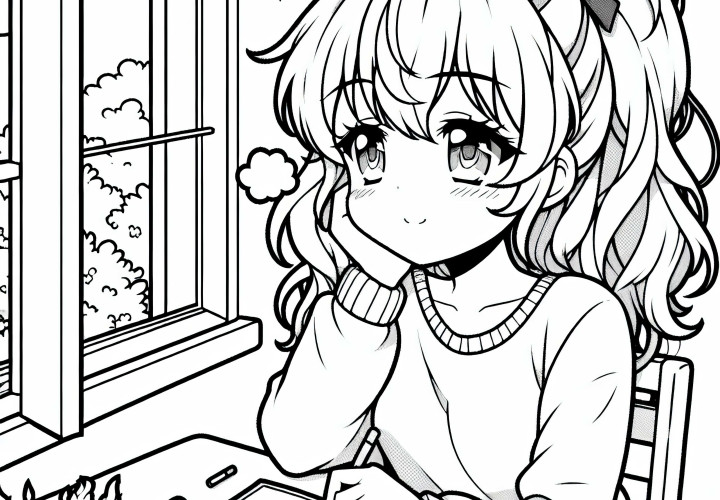 Gadis anime menggambar dengan khayalan di buku sketsa - Gambar untuk diwarnai gratis