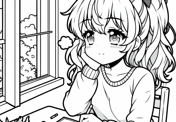 Gadis anime menggambar dengan khayalan di buku sketsa - Gambar untuk diwarnai gratis