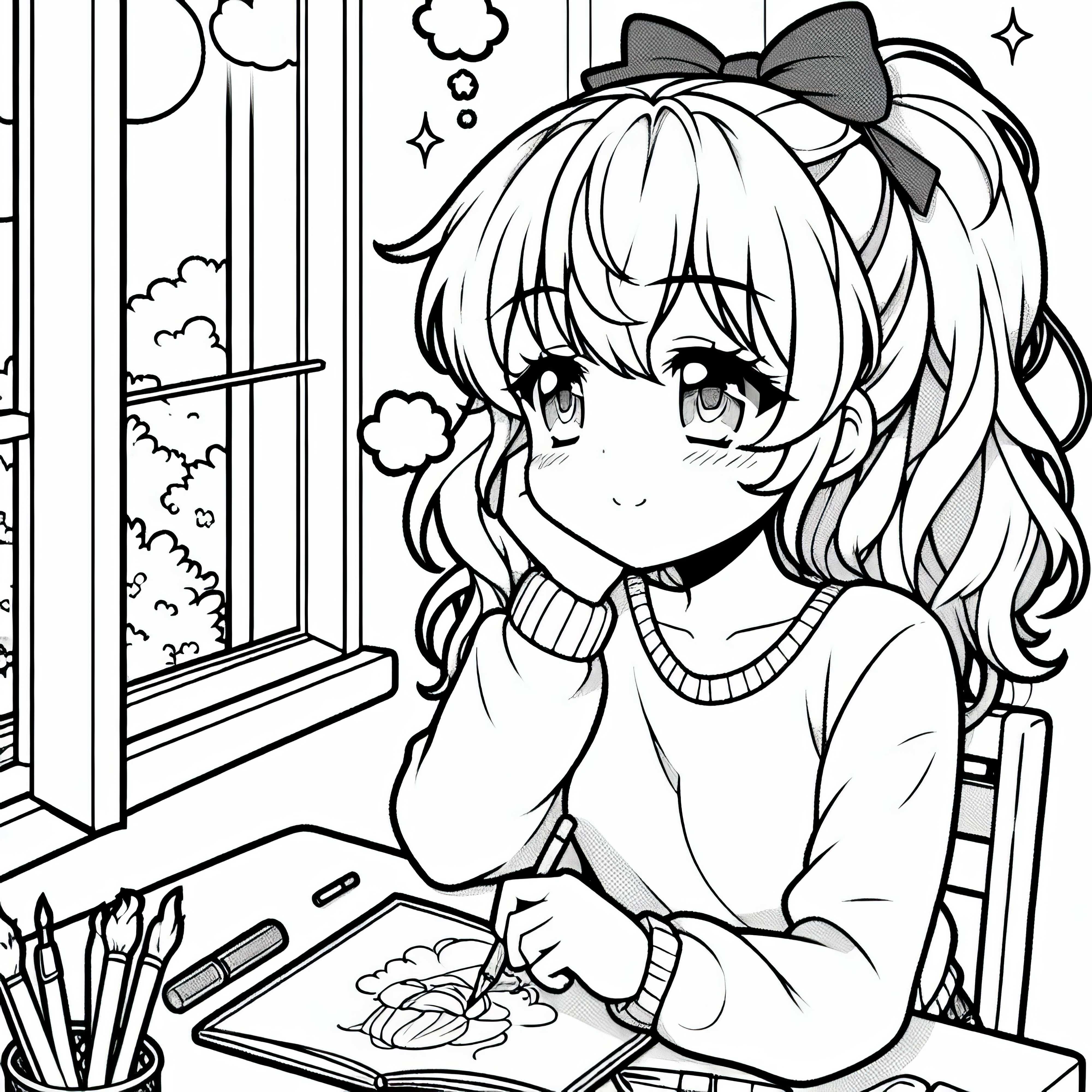 Gadis anime sedang menggambar dengan penuh khayalan di buku sketsa - Gambar untuk mewarnai gratis