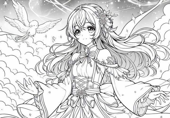 Pahlawan anime magis dalam kostum cantik melayang di atas awan – Buku gambar gratis