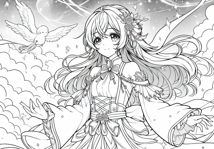 Pahlawan anime magis dalam kostum cantik melayang di atas awan – Buku gambar gratis