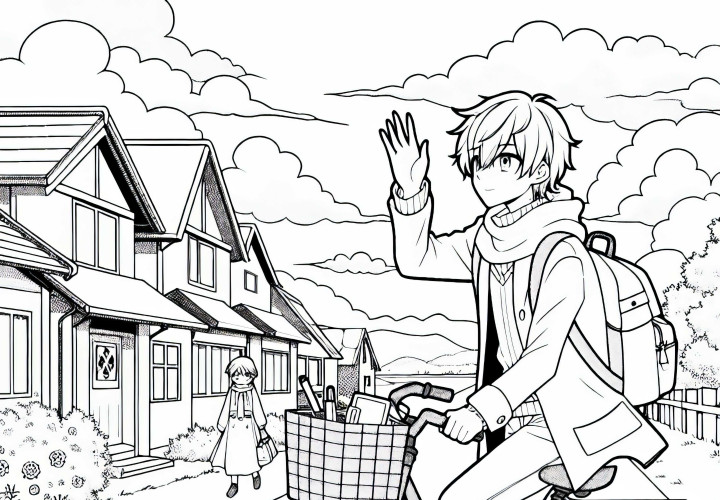 Anime anak laki-laki di sepeda melambaikan tangan kepada teman-temannya saat berkendara di kota kecil yang tenang – Gambar untuk diwarnai gratis