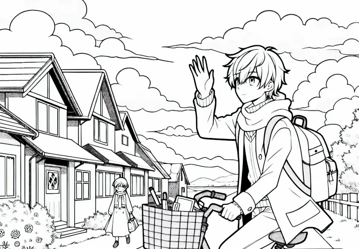 Anime anak laki-laki di sepeda melambaikan tangan kepada teman-temannya saat berkendara di kota kecil yang tenang – Gambar untuk diwarnai gratis