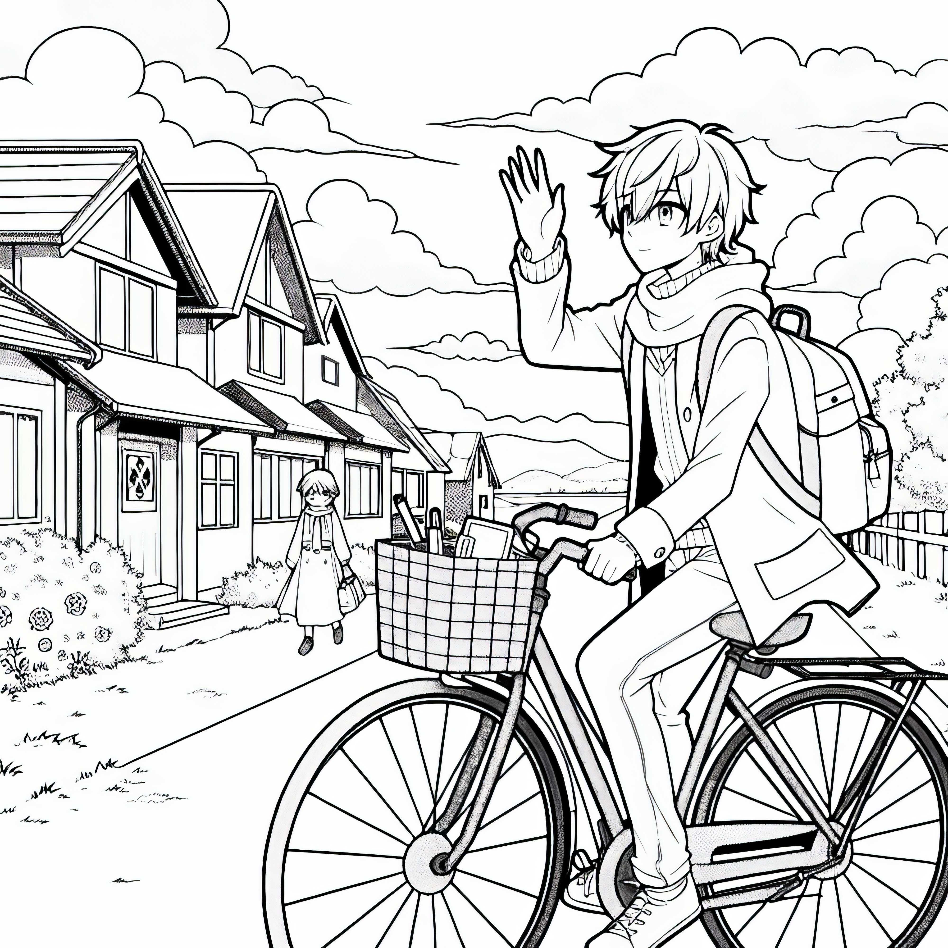 Anime anak laki-laki di sepeda melambai kepada teman-temannya saat ia mengendarai melalui kota kecil yang tenang - Gambar mewarnai gratis