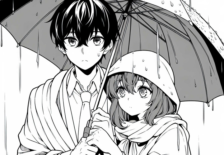 Pasangan anime muda di bawah hujan dengan payung - Gambar mewarnai gratis